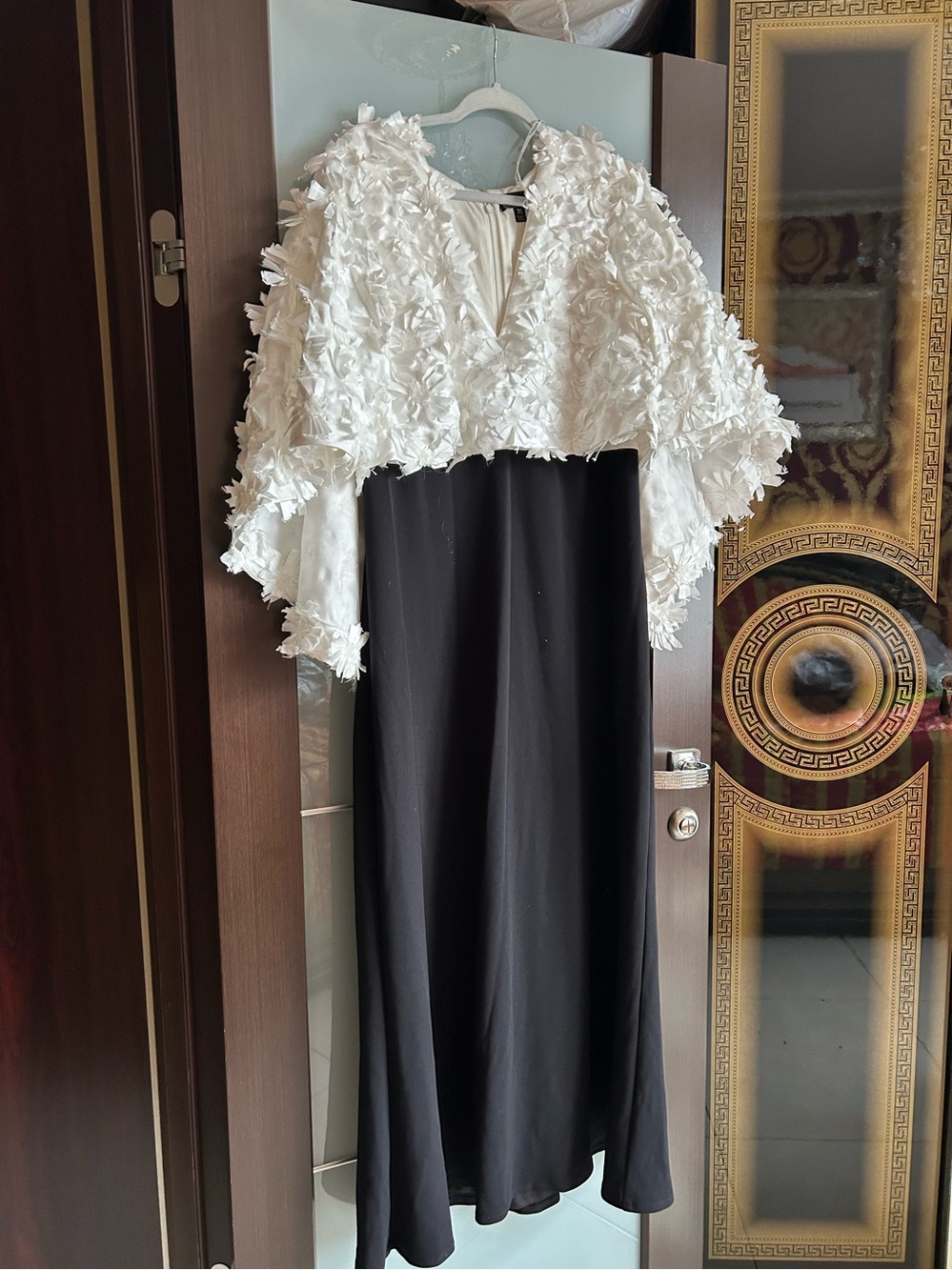 Tadashi Shoji White Floral Cape Top with Black Maxi Skirt